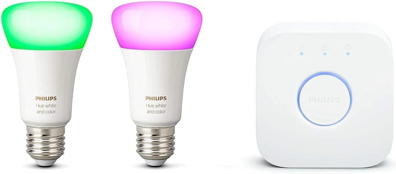 Philips Hue White & Color Ambiance 2er E27 LED Starter Set inkl. Hue Bridge, bis zu 16 Mio. Farben, steuerbar via App, kompatibel mit Amazon Alexa (Echo, Echo Dot)