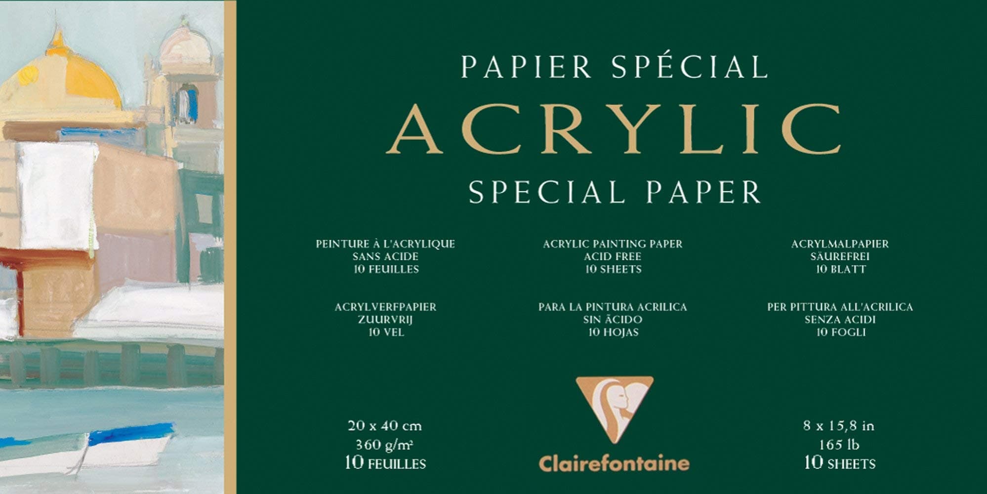 Clairefontaine 96490C - Block Acrylpapier (4-seitig verleimt, 10 Blätter, 360 g, speziell für Acrylfarben und Gouache geeignet, Panoramaformat, 20 x 40 cm) weiß, 1 Stück