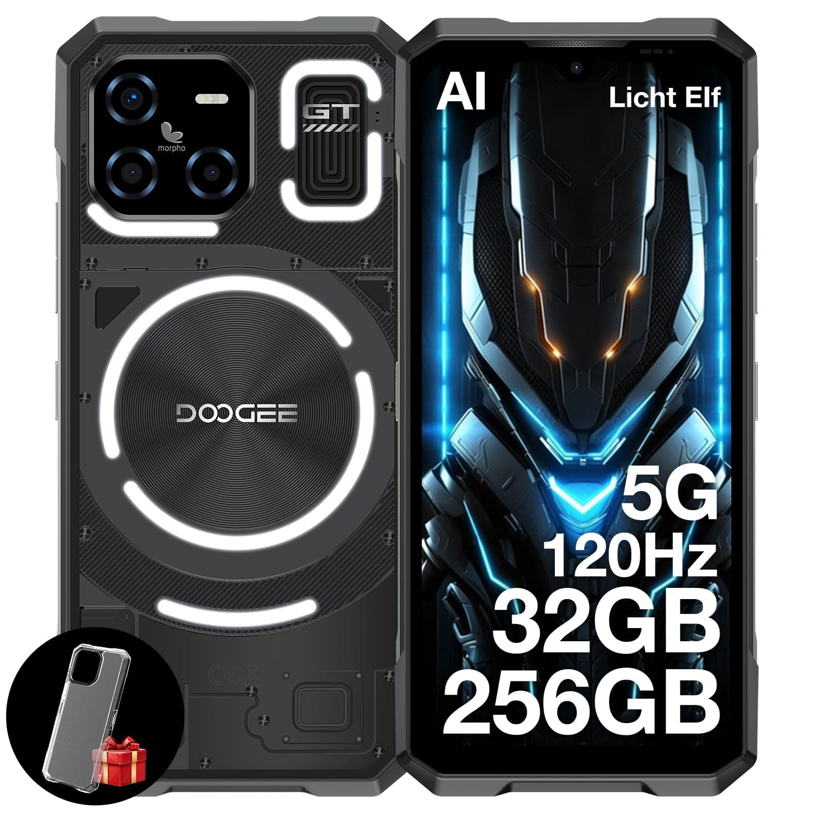 DOOGEE Blade GT 5G Outdoor Handy Ohne Vertrag Android 14 mit LED Lichteffekte, Dimensity 7050, 32GB+256GB/2TB TF, AI Outdoor Smartphone, 6.72" FHD+120Hz, 48MP/5500mAh/WiFi 6/Fingerabdruck/Face ID/NFC