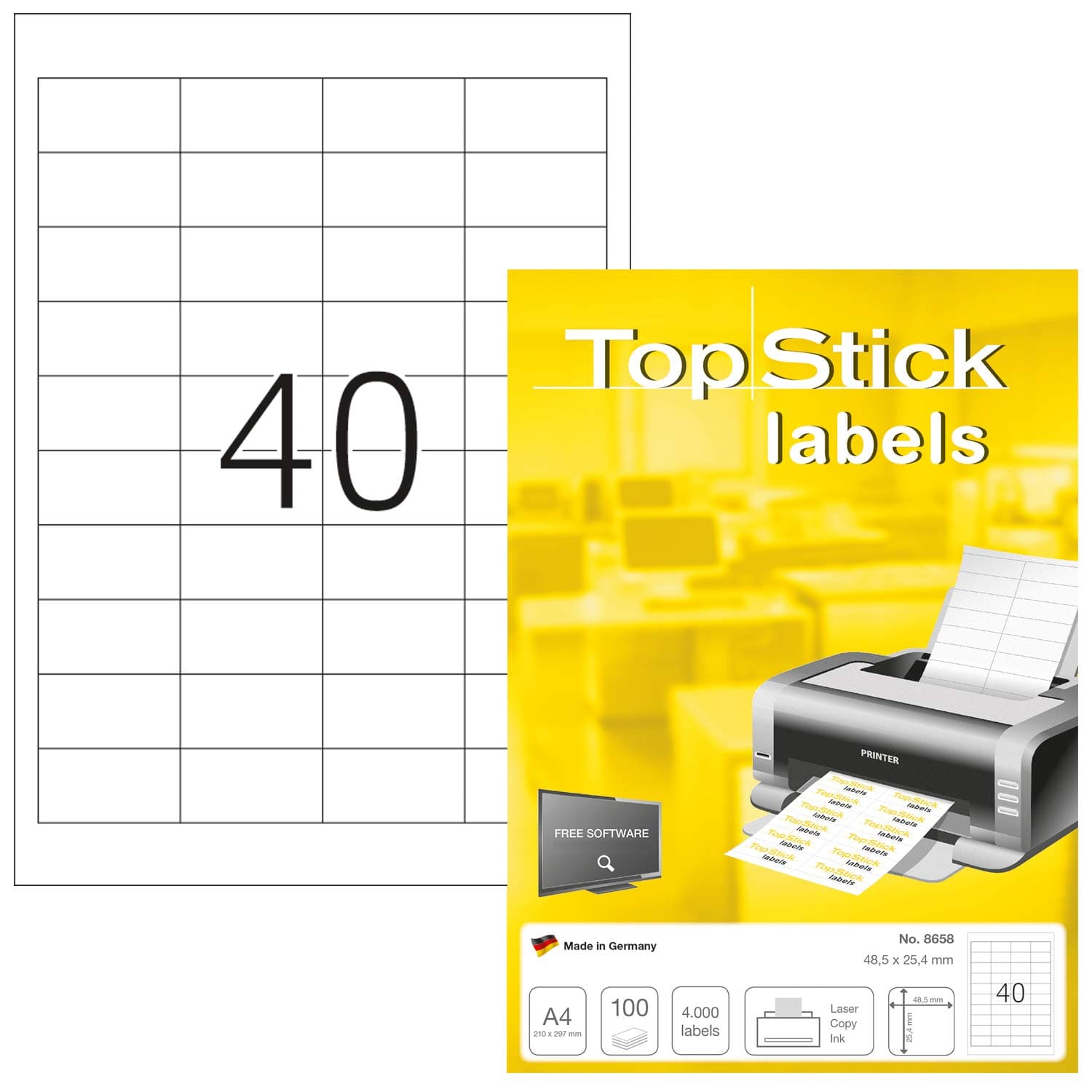 TopStick 8658 Universal Etiketten, 1000 Blatt, 48,5 x 25,4 mm, 40 pro A4 Bogen, 40000 Stück, selbstklebend, bedruckbar, matt, blanko Papier Klebeetiketten Aufkleber, weiß