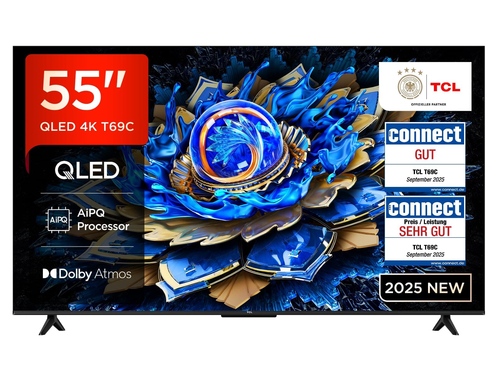 TCL 55T69C 55 Zoll QLED, Direct LED TV, 4K HDR TV, Smart Google TV (Dolby Vision & Atmos, Game Master, Motion Clarity, Kompatibel mit Google Assistant & Alexa)